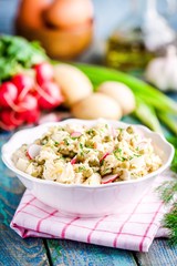 potato salad with fresh radishes and dill in a white bowl