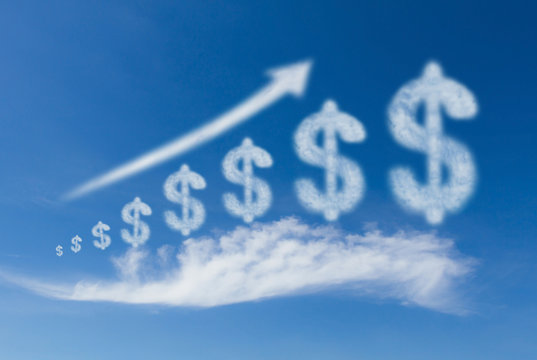 Growth business, cloud dollar sign grow up on blue sky