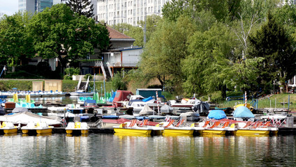 Fototapeta na wymiar Boats in Danube River Landscape