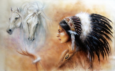  young indian woman wearing feather headdress, with two horse 