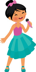 Asian little girl singing hold the microphone