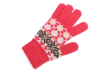 Red woolen glove on white background