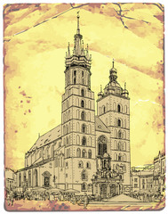 Obraz premium The town square in Krakow & Church of St. Mary. Poland