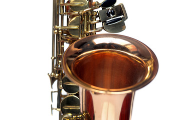 Fragment of Tenor Saxophone on white background.