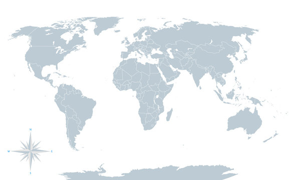 Political world map, grey, with white borders.