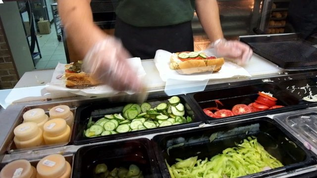 Sandwiches preparation in local fast food store