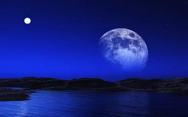 Poster Dark blue Alien landscape with moon