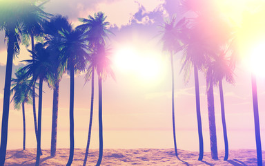 3D palm trees and ocean with vintage effect