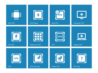 Electronic chip icons on blue background.