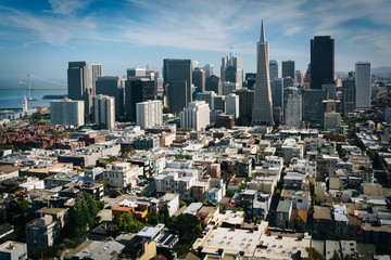 View of the downtown skyline from Coit Tower in San Francisco, C