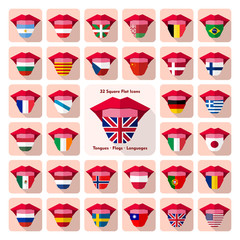 Square flat language icon set with rounded corners and shadow