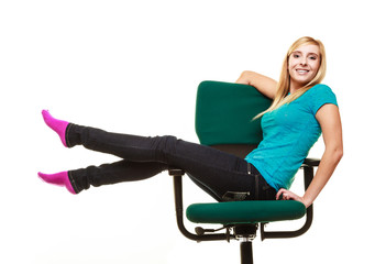 Fototapeta na wymiar girl college student sitting on wheel chair relaxing.