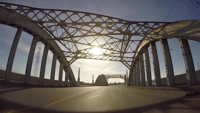 Moving shot of the historic 6th Street Bridge in Los Angeles.  