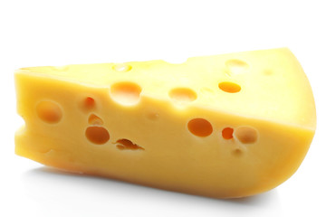 Piece of tasty cheese isolated on white