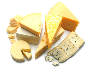 Various types of cheese isolated on white