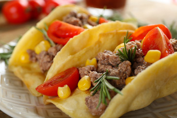 Mexican food Tacos in plate, closeup