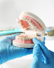 Fototapeta na wymiar White fake teeth in hand of dentist, isolated on white
