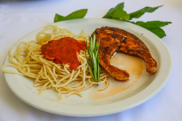 Grilled salmon with pasta
