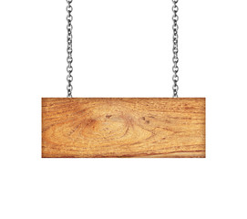 Wooden sign hanging on a chain isolated on white
