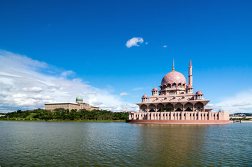 Putra Mosque in Putrajaya, Malaysia during a blue sunny day