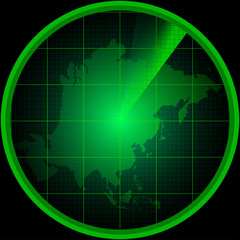 Radar screen with a silhouette of Asia
