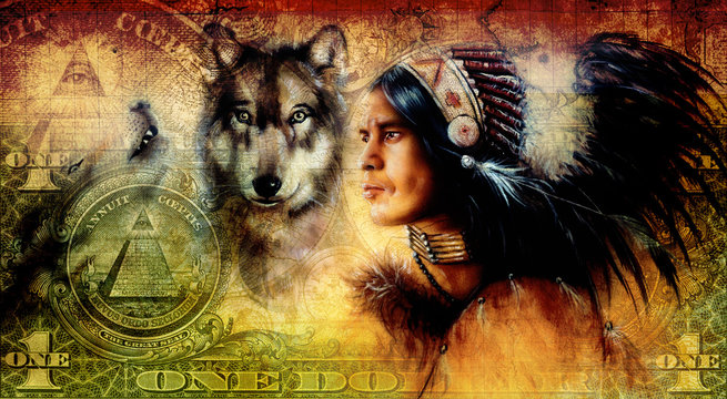 one dollar collage with indian man warrior with wolf, ornament 