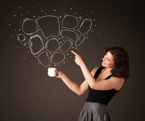 Businesswoman holding a white cup with speech bubbles