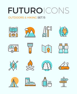 Outdoors and hiking futuro line icons