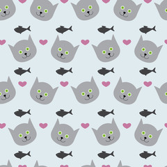 Background with kitten, fish and hearts