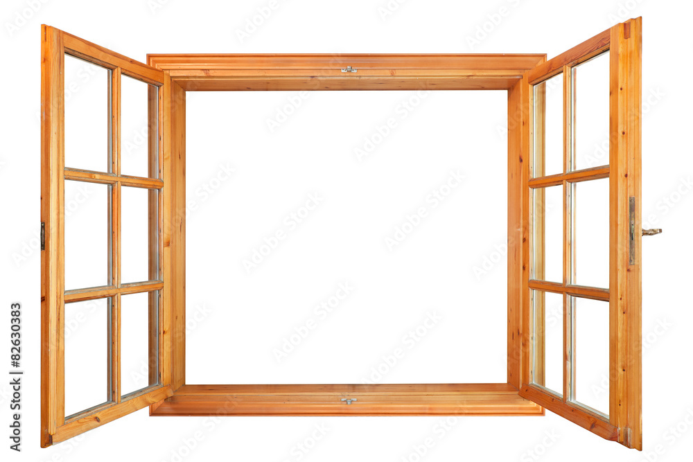 Wall mural Wooden double window opened isolated on white background