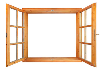 Wooden double window opened isolated on white background
