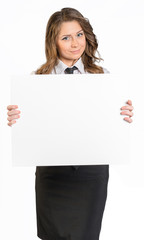 Business woman holding white blank poster.