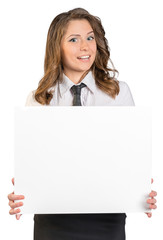 Fototapeta premium Young business woman holding blank poster.
