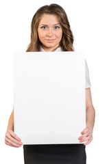 Fototapeta premium Business woman holding blank poster.