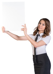 Business woman showing blank poster.