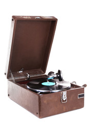 Vintage turntable vinyl record player isolated on white