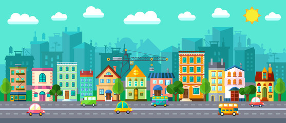 City Street in a Flat Design and Set of Urban Buildings
