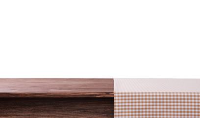Empty wooden table with napkin and white background