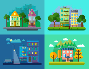 Kleurrijke vector platte stedelijke en dorpslandschappen