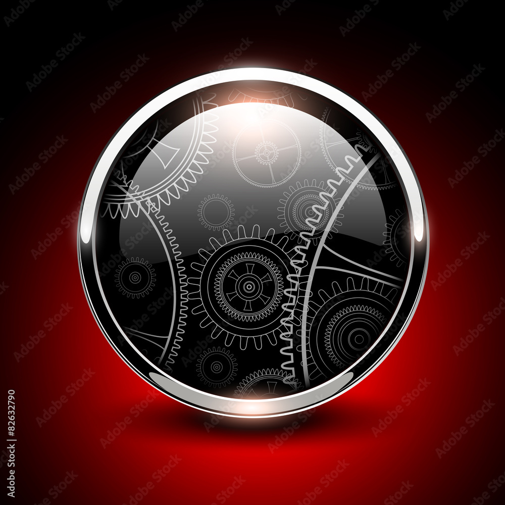 Aufkleber Shiny button glossy metallic with vector machinery inside.