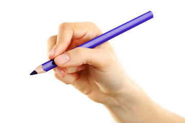 Female hand with colorful pencil isolated on white