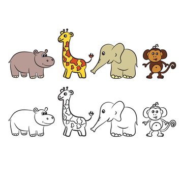 Cute zoo animals collection. Coloring book. Vector illustration.