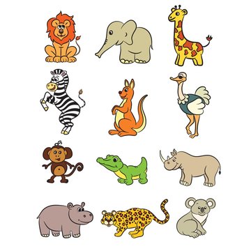 Cute zoo animals collection. Vector illustration.