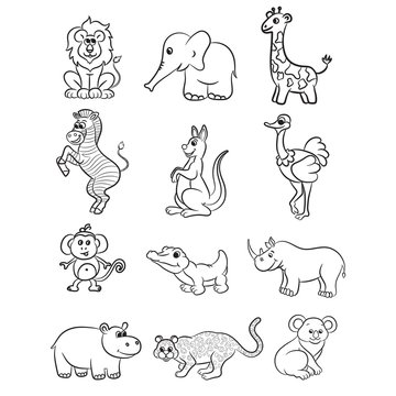 Cute outlined zoo animals collection. Vector illustration.