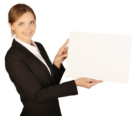 Business woman holding white board.