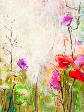 Abstract red flowers watercolor paintings