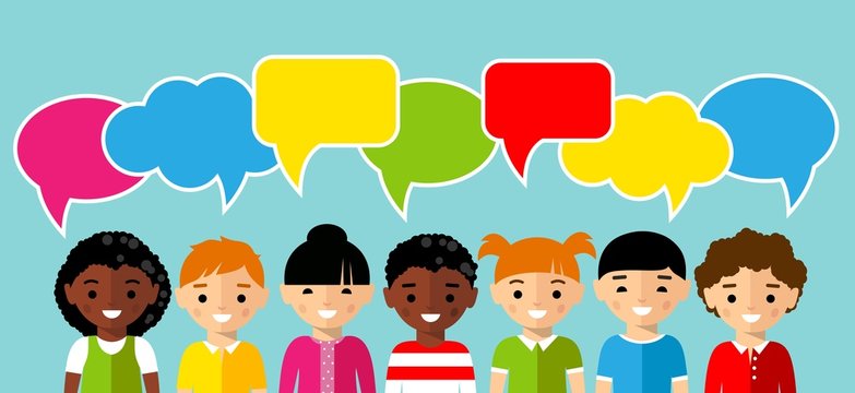 Set of children with colorful dialog speech bubbles
