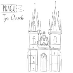 Hand drawn illustration of Tyn Church building in Prague, Czech