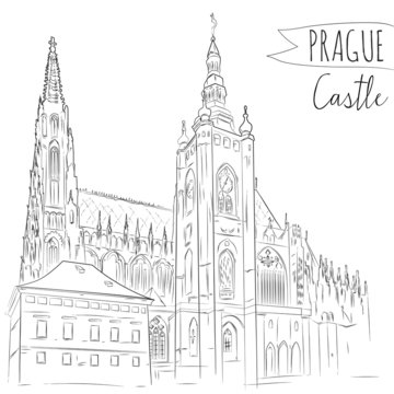 Hand drawn illustration of Prague Castle, Czech Republic. 