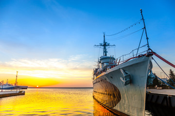 Warship at sunrise in the port of Gdynia, Poland. 